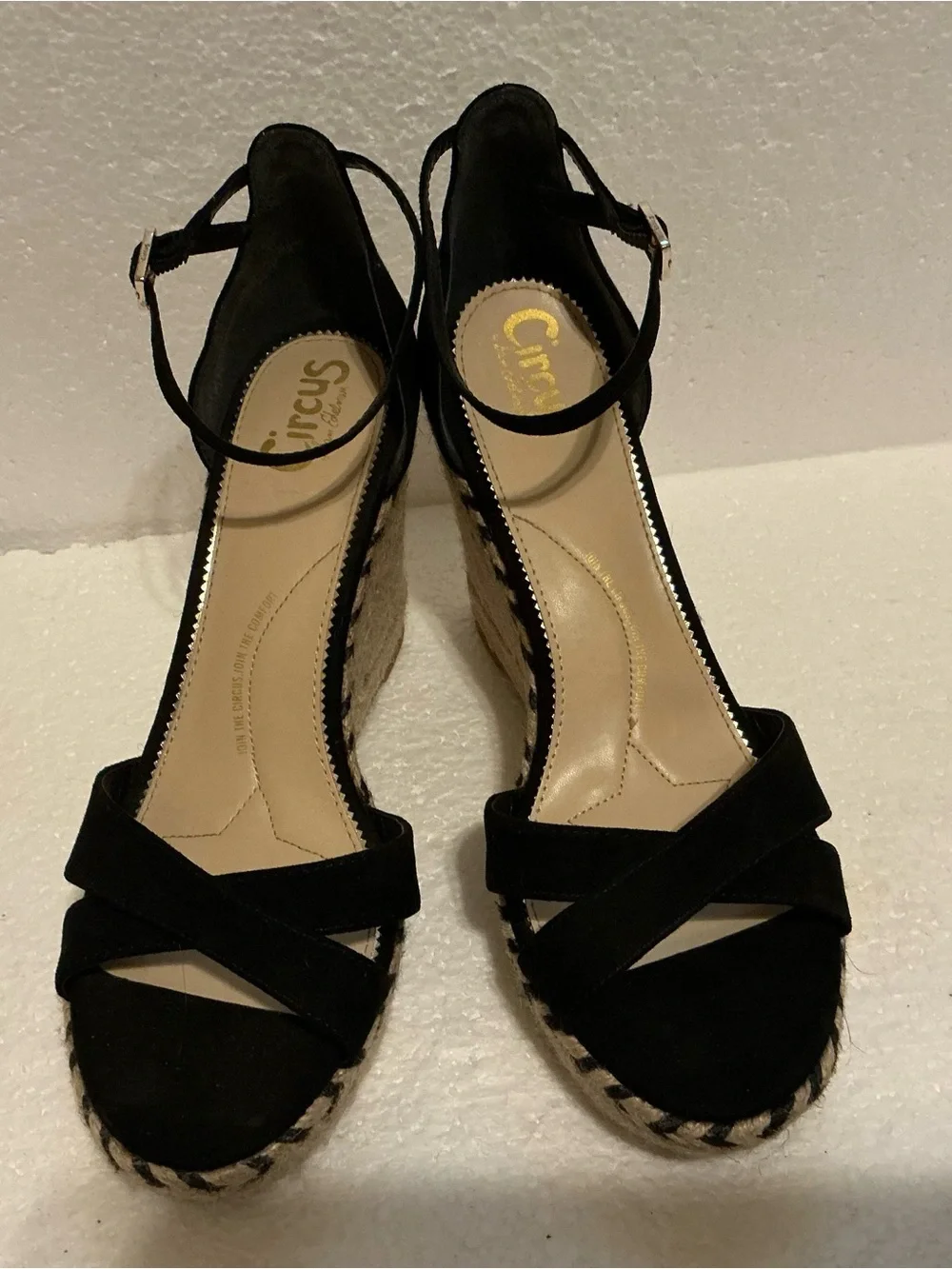 Circus by Sam Edelman Black Espadrille Wedge Sandals Ankle Strap Sz 10 Open Toe